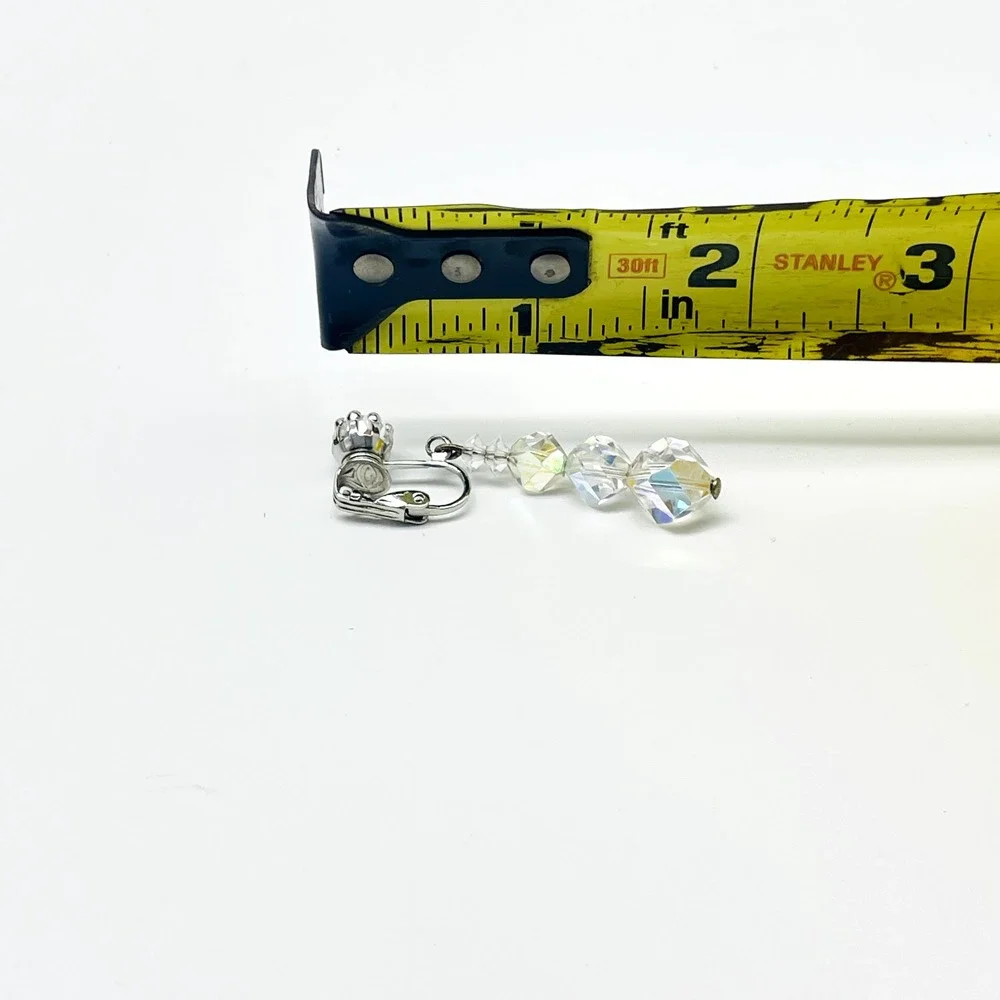 Vintage Dangle Earrings AB Aurora Borealis Clip On Silver Tone Faceted Beads